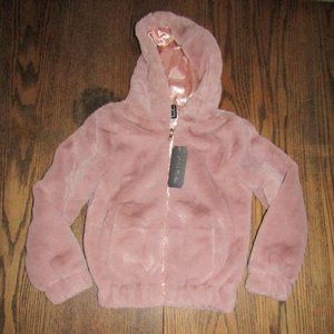 Girls mauve pink plush faux fur hooded winter jacket size 4